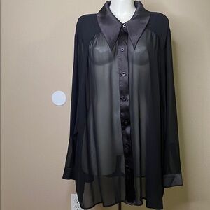 Nightfall by Torrid Black sheer satin trim long goth button front top ☠️🖤 S